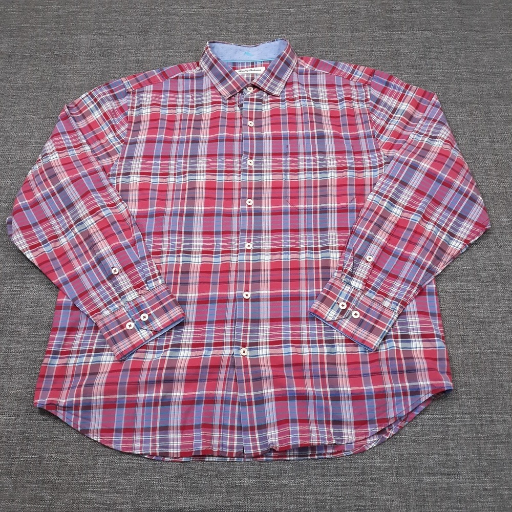 Tommy Bahama Button Up Shirt Mens Size L Plaid Cotton Silk Spandex Preppy Casual